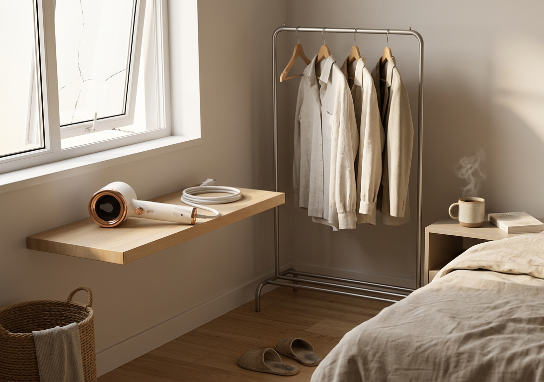 Modern bedroom with clothes rack, bed, and window
