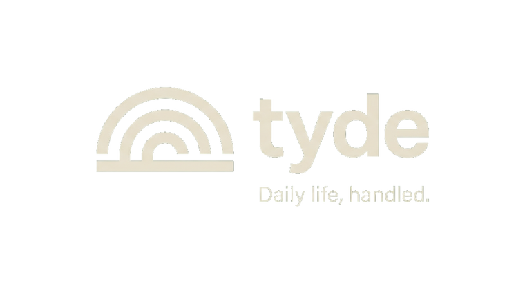 Tyde logo with tagline 'Daily life, handled.' on a white background